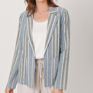 Mystree Blue Neutral Striped Linen Cotton Blend Blazer Lightweight Open Front